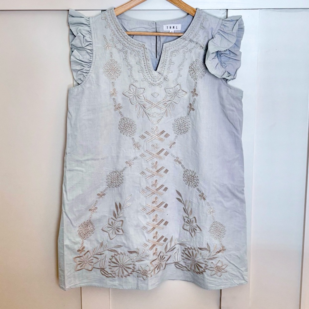 THML Light Blue Embroidered Ruffle Sleeve Dress Size L